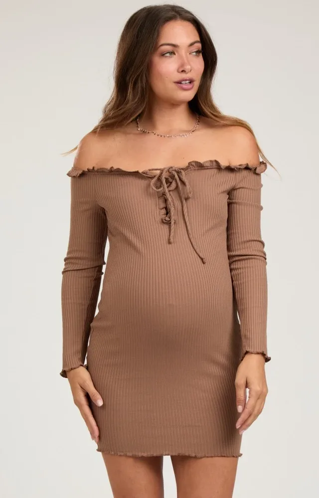 Brown Ruffle Off Shoulder Maternity Fitted Mini Dress