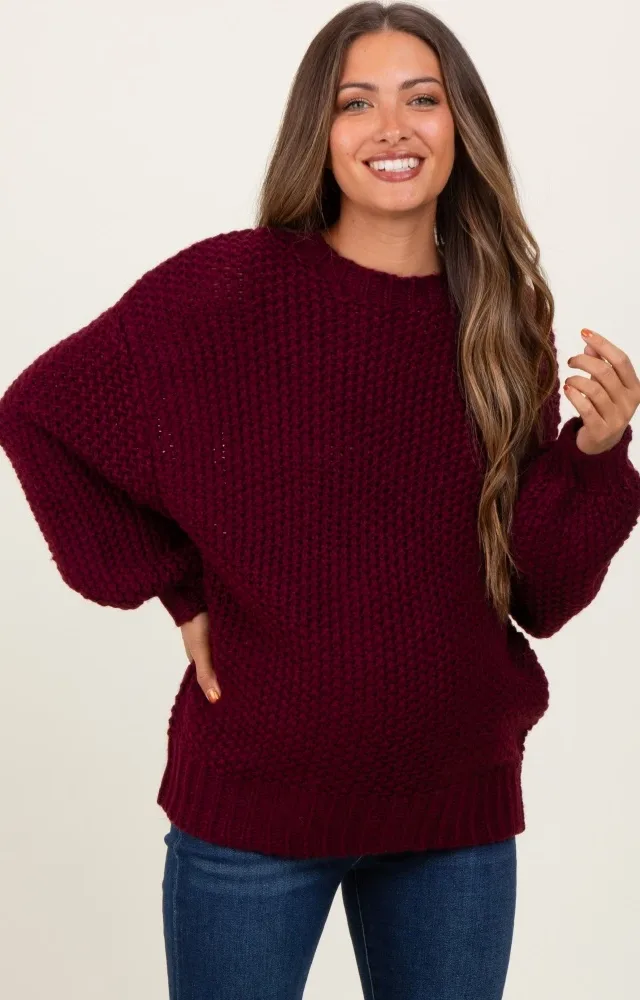 Burgundy Chunky Knit Oversized Drop Shoulder Maternity Sweater