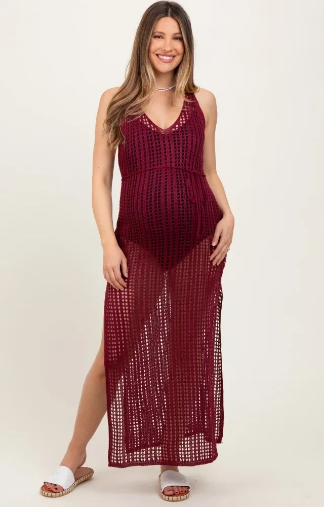 Burgundy Crochet V-Neck Side Slit Maternity Cover Up