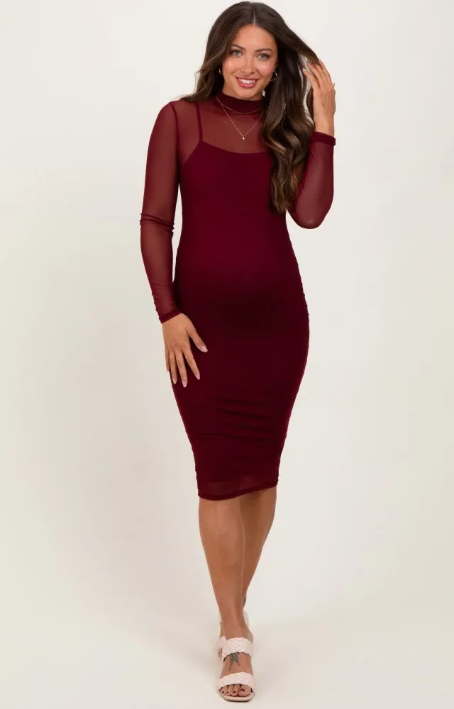 Burgundy Mesh Overlay Long Sleeve Maternity Midi Dress