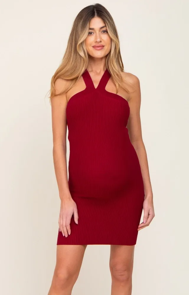 Burgundy Ribbed Knit Halter Neck Maternity Fitted Dress