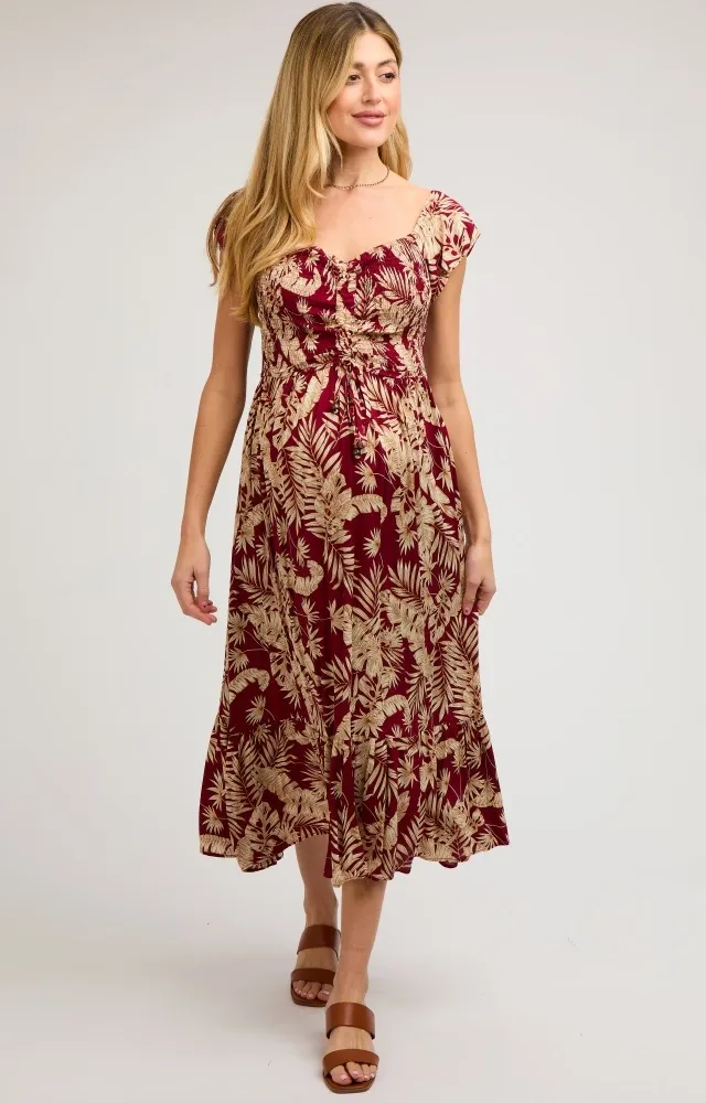 Burgundy Tropical Print Smocked Short Sleeve Maternity Maxi Dress