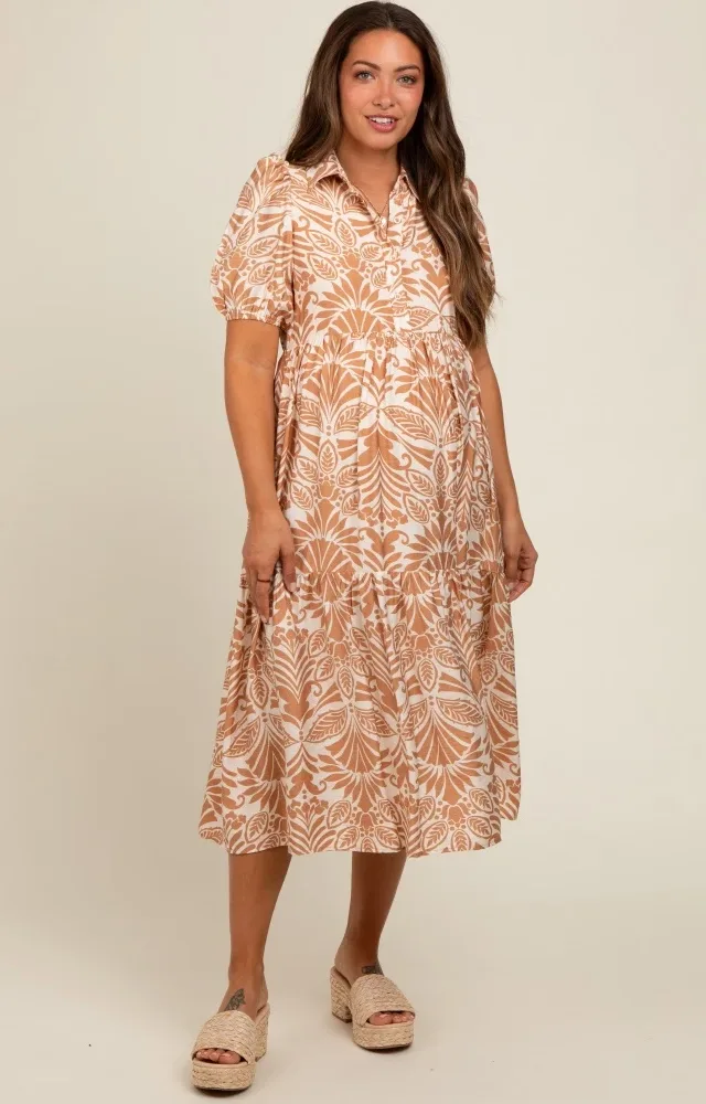 Camel Damask Print Button Down Maternity Midi Dress