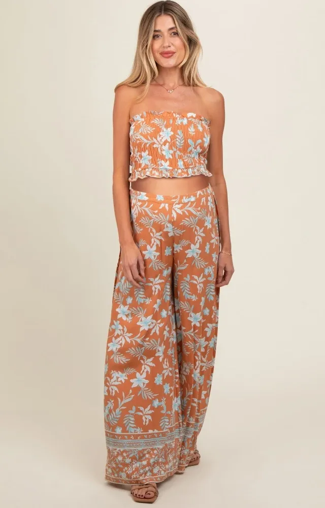 Camel Floral Tube Top Wide Leg Pant Maternity Set