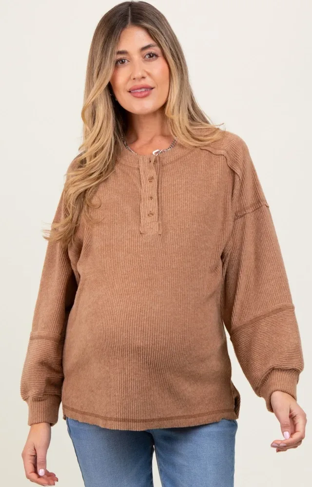 Camel Oversized Ribbed Knit Henley Maternity Sweater