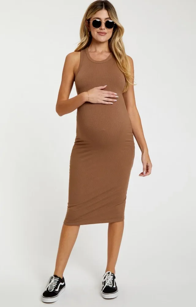 Camel Sleeveless Ribbed Fitted Maternity Midi Dress