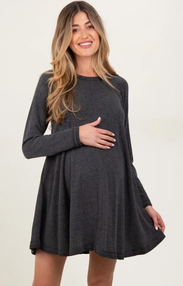 Charcoal Crew Neck Flared Fit Long Sleeve Maternity Mini Dress