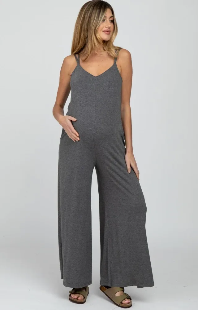 Charcoal Cross Back Wide Leg Maternity Jumpsuit