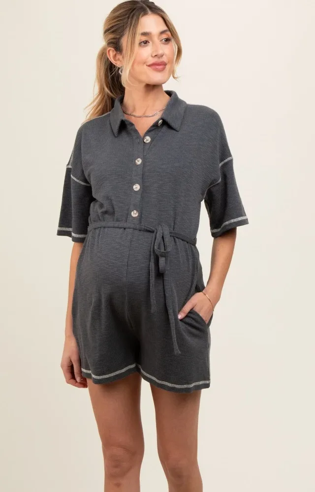 Charcoal Front Button Contrast Stitch Maternity Romper