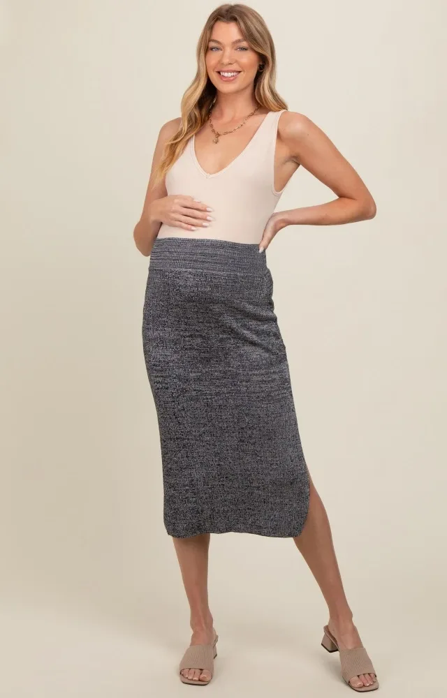 Charcoal Knit Fitted Side Slit Maternity Midi Skirt