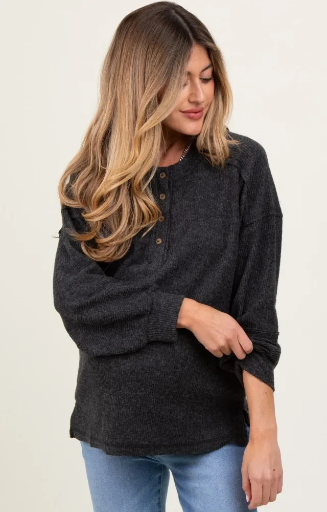 Charcoal Oversized Ribbed Knit Henley Maternity Sweater