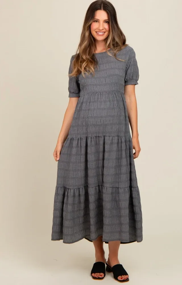 Charcoal Textured Tiered Maternity Maxi Dress