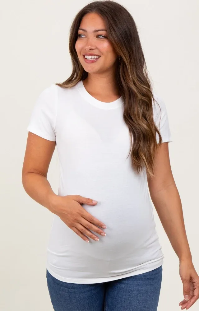 Cream Basic Crew Neck Maternity Tee