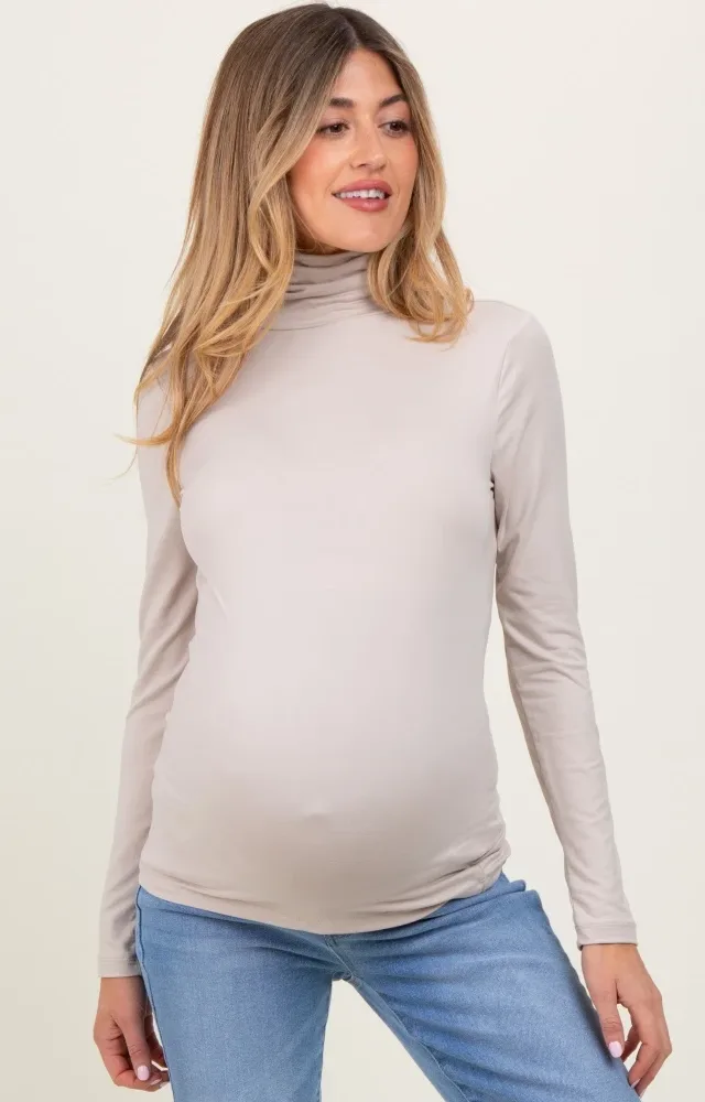 Cream Brushed Knit Basic Turtleneck Maternity Top