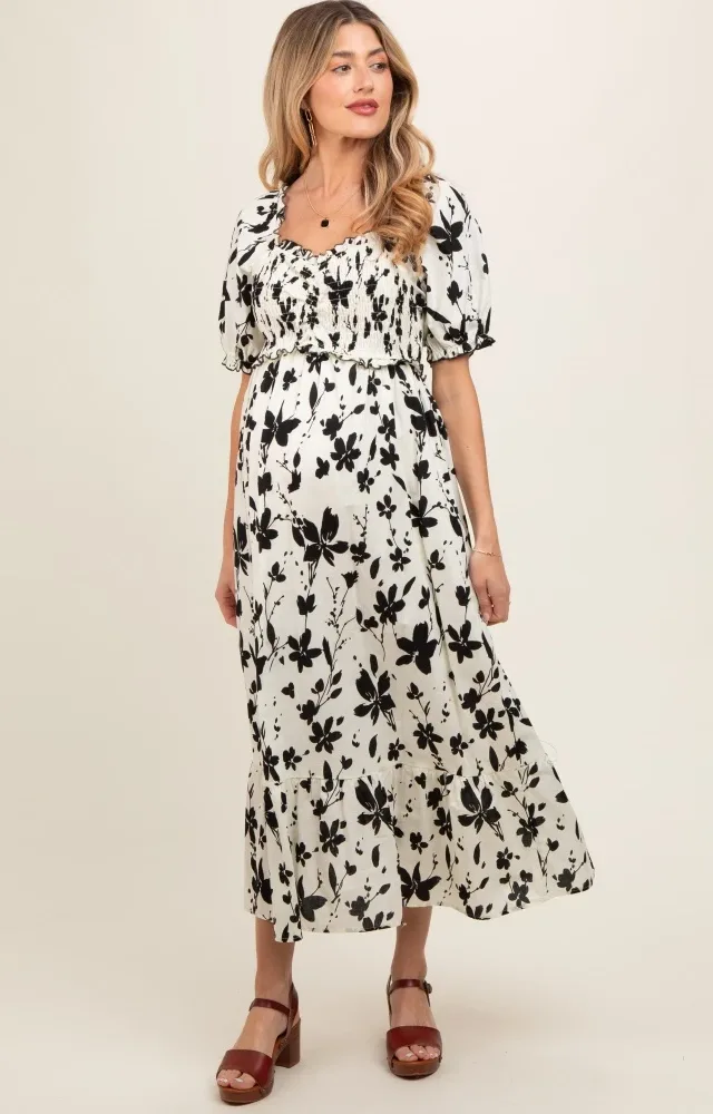 Cream Floral Puff Sleeve Maternity Midi Dress