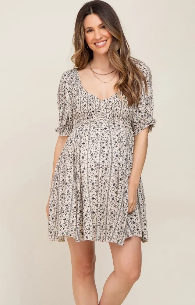 Cream Floral Puff Sleeve Smocked Maternity Mini Dress