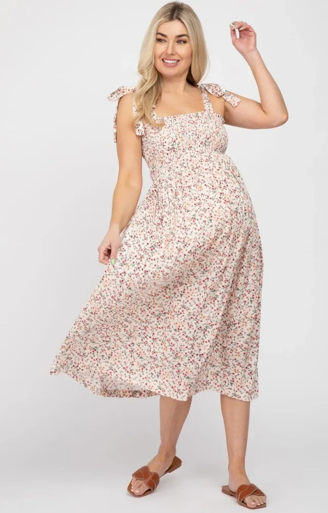 Cream Floral Smocked Tie Strap Maternity Dress