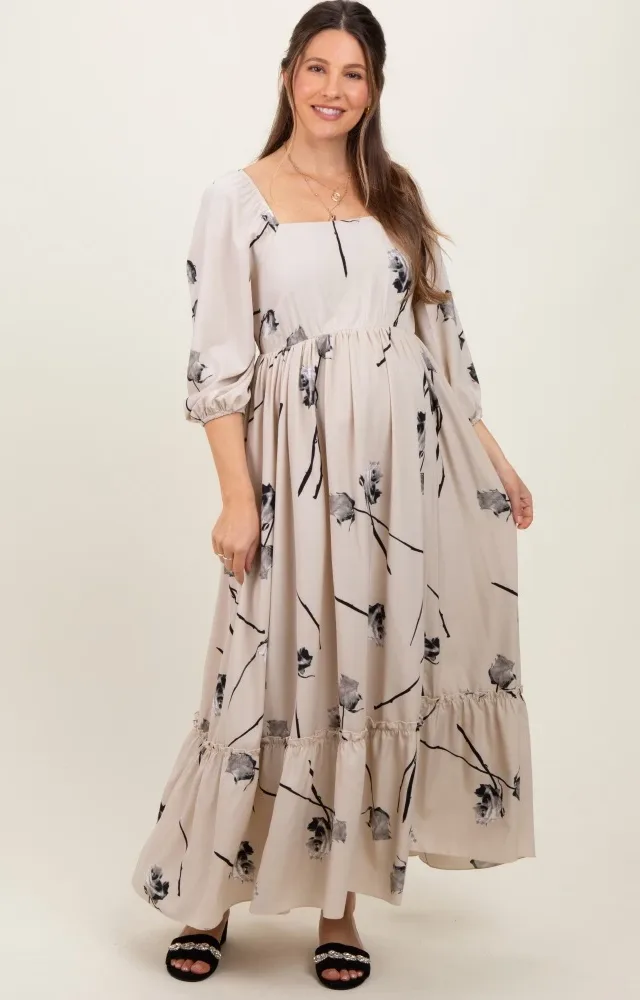 Cream Floral Square Neck Maternity Midi Dress