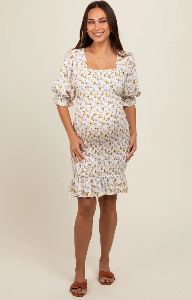 Cream Floral Square Neck Smocked Bodycon Maternity Dress