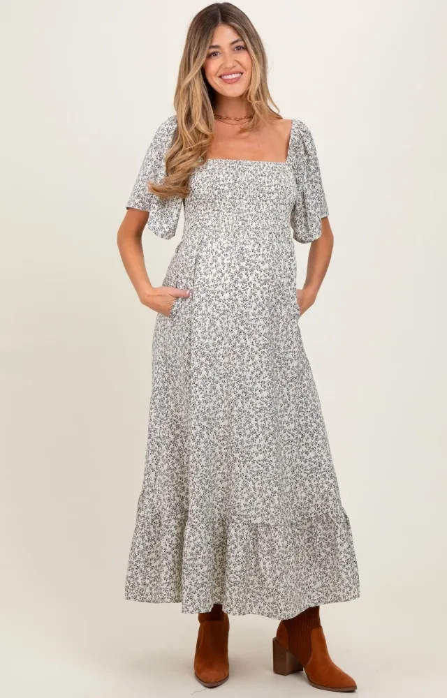 Cream Flowy Ditsy Floral Smocked Maternity Midi Dress