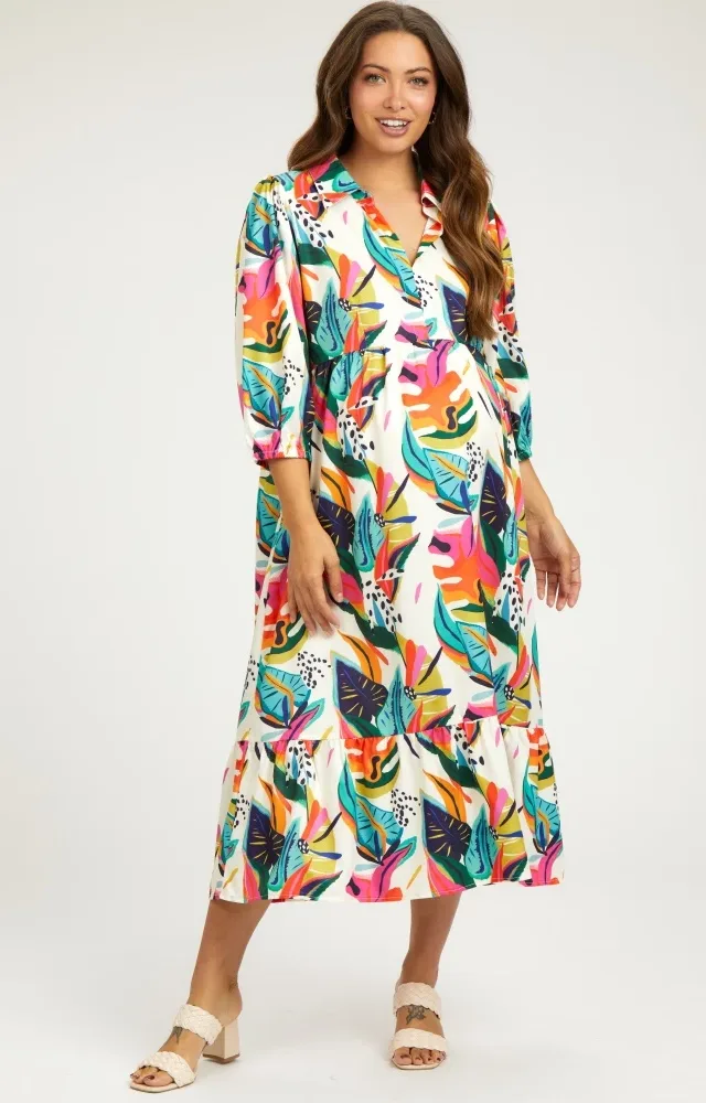 Cream Leaf Print Half Length Sleeve Maternity Dress