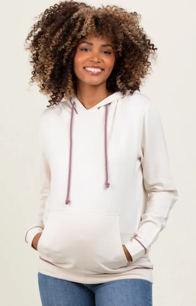 Cream Mauve Contrast Drawstring Maternity Hoodie