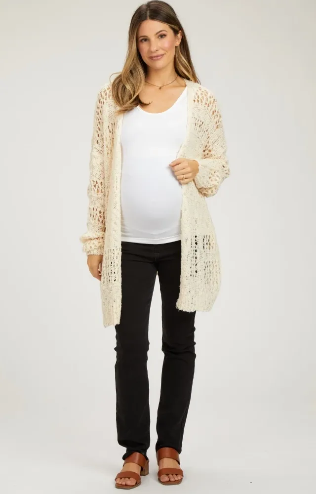 Cream Open Knit Long Maternity Cardigan