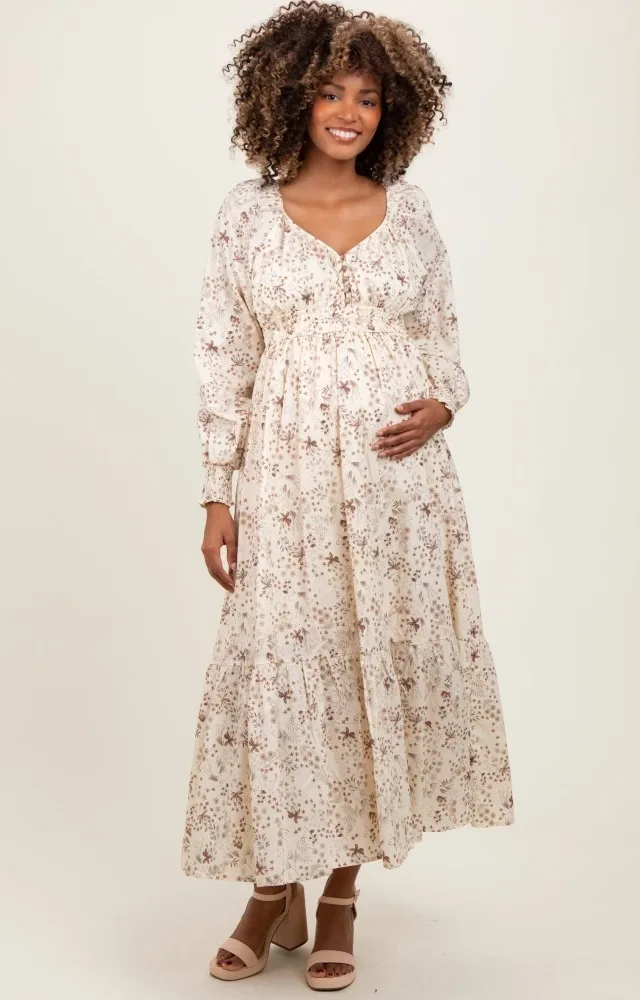 Cream Raglan Sleeve Floral Button Maternity Maxi Dress