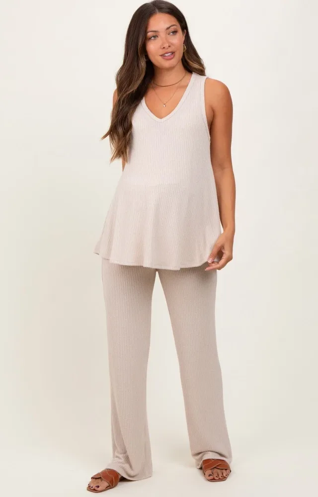 Cream Rib Knit Tank And Pant Maternity Set