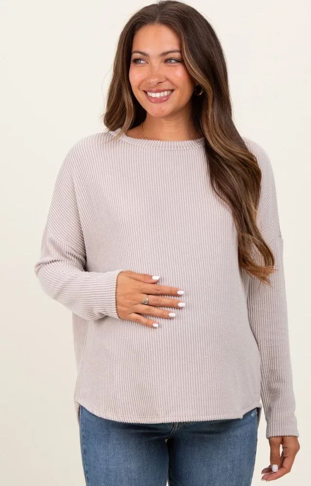 Cream Ribbed Knit Relaxed Fit Round Hem Maternity Top