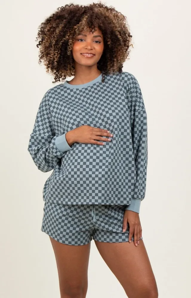 Dark Teal Checkered Plaid Pullover Shorts Maternity Set