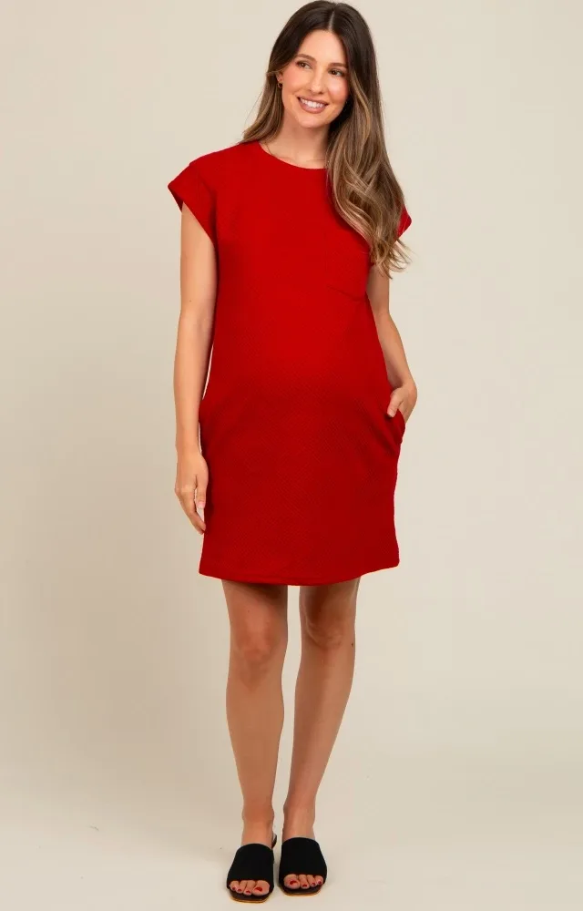 Deep Red Front Pocket Line Textured Short Sleeve Maternity Dress