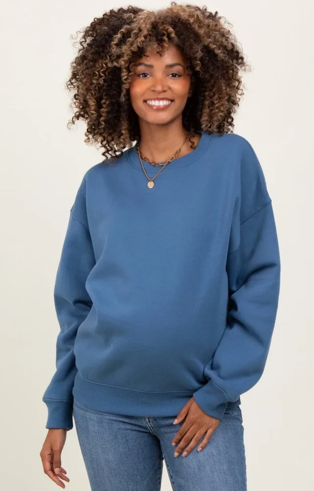 Denim Basic Fleece Crewneck Maternity Sweatshirt