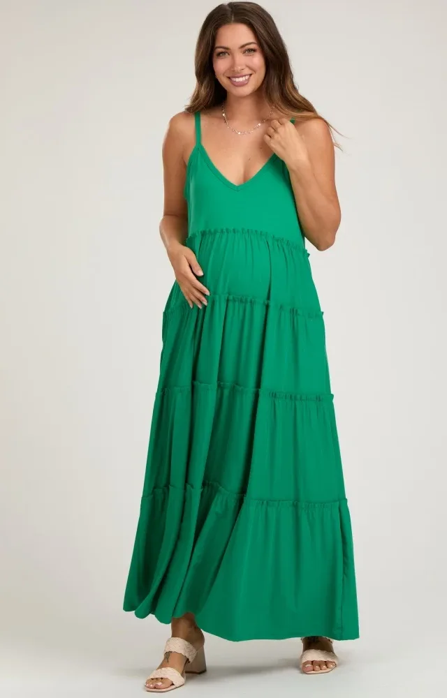 Emerald Green Tiered Sleeveless Maternity Maxi Dress