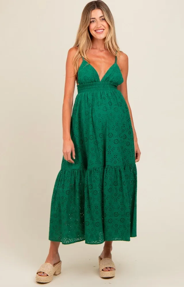 Forest Green Eyelet Lace Smocked Cutout Maternity Maxi Dress