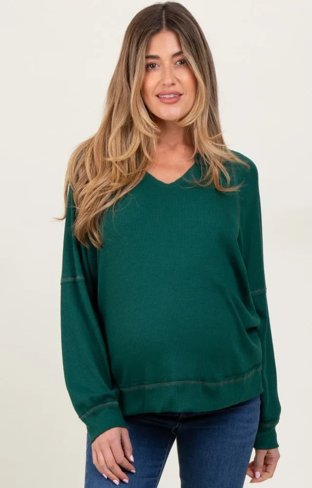 Forest Green Oversized V-Neck Waffle Knit Maternity Long Sleeve Top