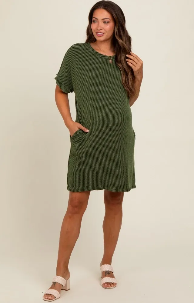 Forest Green Ribbed Rolled Cuff Maternity Dress