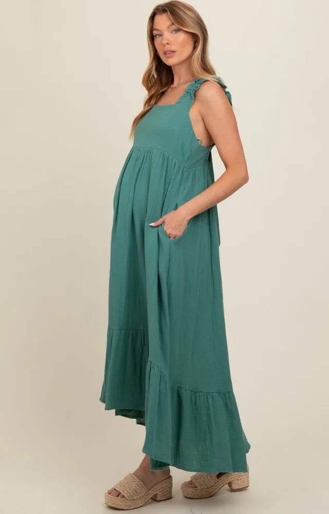 Forest Green Ruffle Strap Cutout Back Tie Maternity Dress