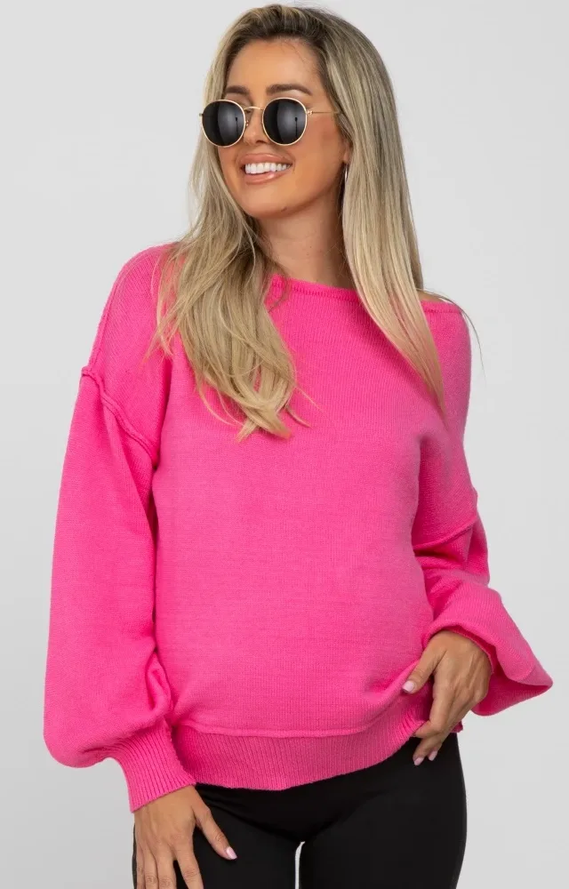 Fuchsia Boat Neck Bubble Sleeve Maternity Sweater