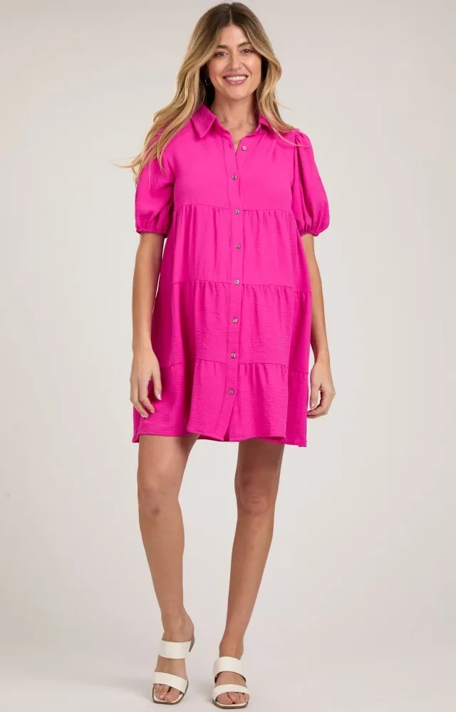 Fuchsia Button Front Tiered Collared Maternity Dress