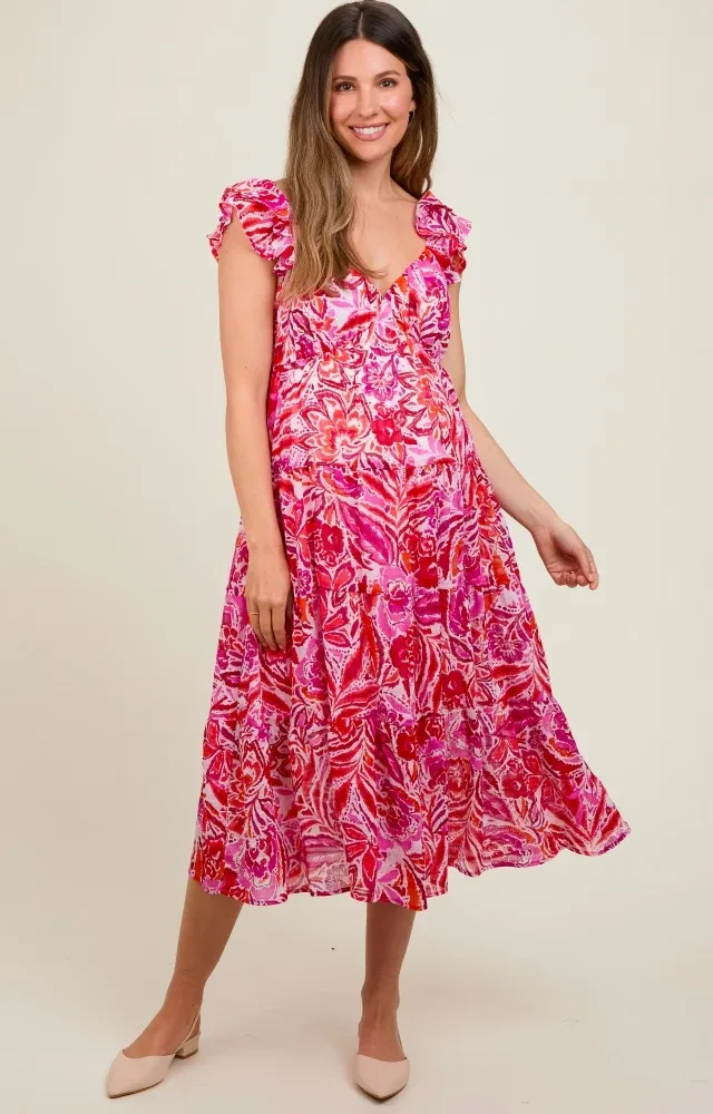 Fuchsia Floral Flutter Sleeve Maternity Dress