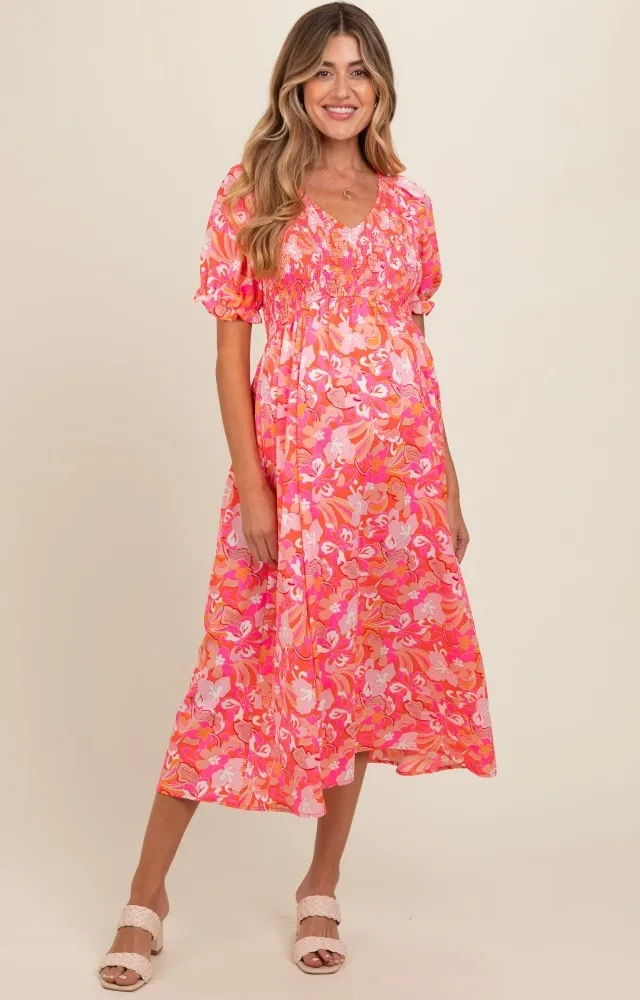 Fuchsia Floral Smocked Ruffle Short Sleeve Maternity Midi Dress