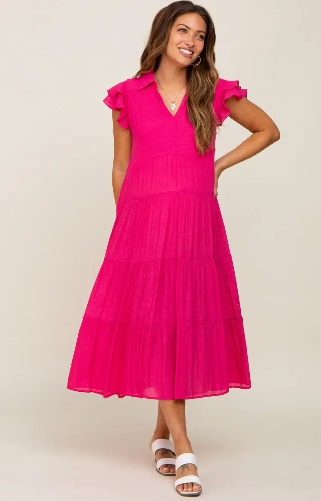 Fuchsia Flutter Sleeve Tiered Maternity Midi Dress