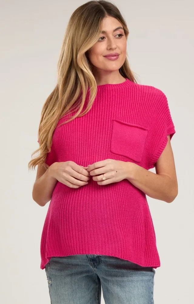 Fuchsia Knit Pocket Front Maternity Top