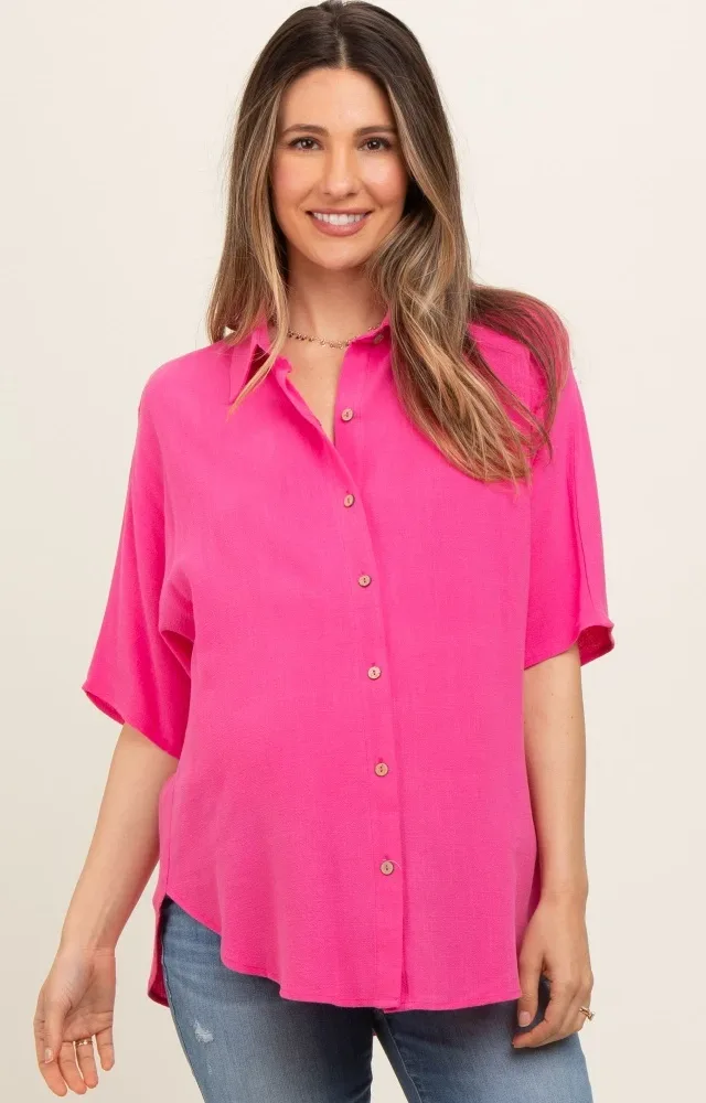 Fuchsia Linen Dolman Half Sleeve Button Down Maternity Top