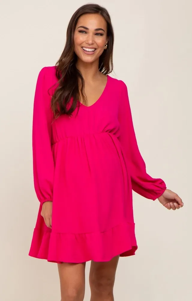 Fuchsia Long Sleeve Gathered Tier Maternity Dress