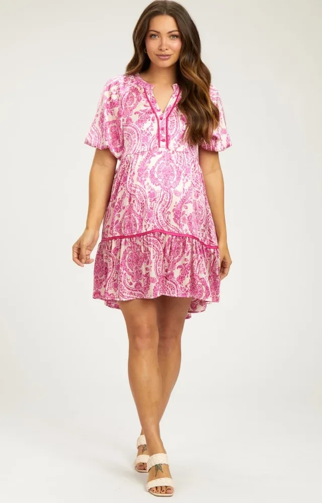 Fuchsia Print Satin Puff Sleeve Maternity Dress