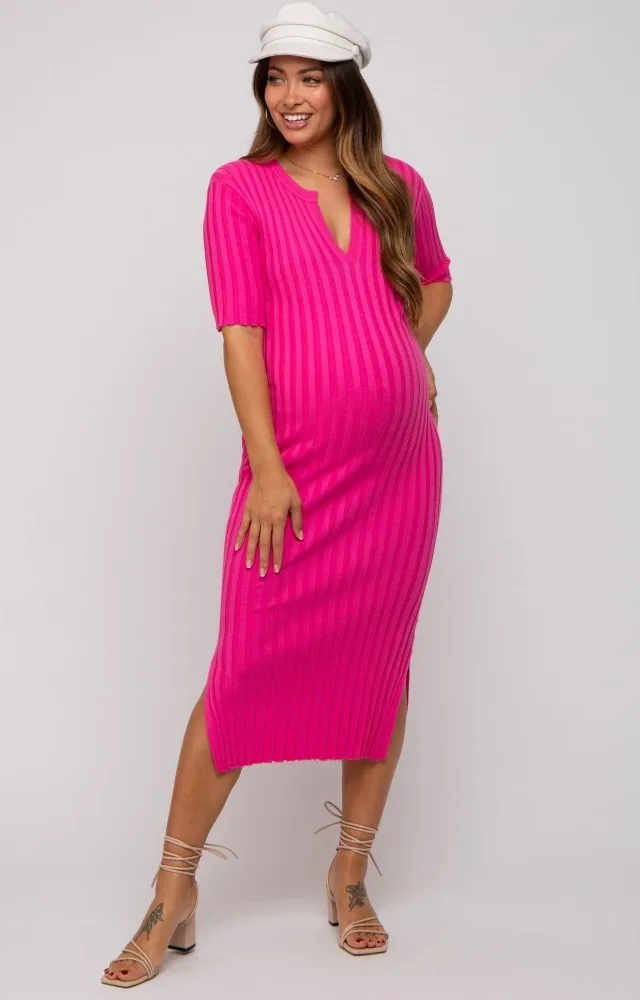 Fuchsia Ribbed Knit Maternity Midi Dress