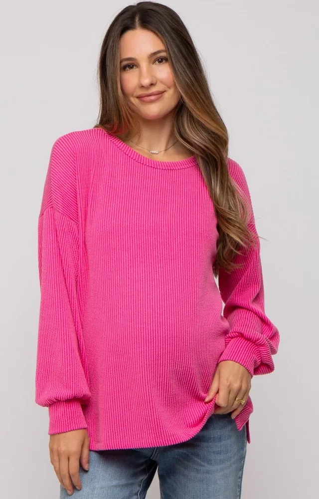 Fuchsia Ribbed Long Sleeve Maternity Top