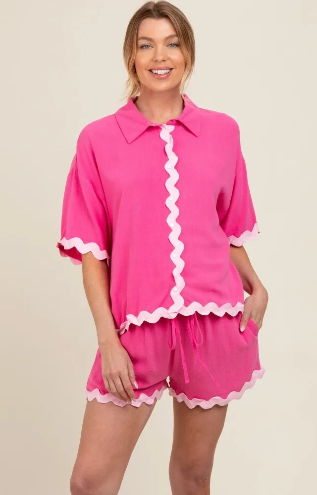 Fuchsia Ric Rac Trim Detailed Shirt And Shorts Maternity Set